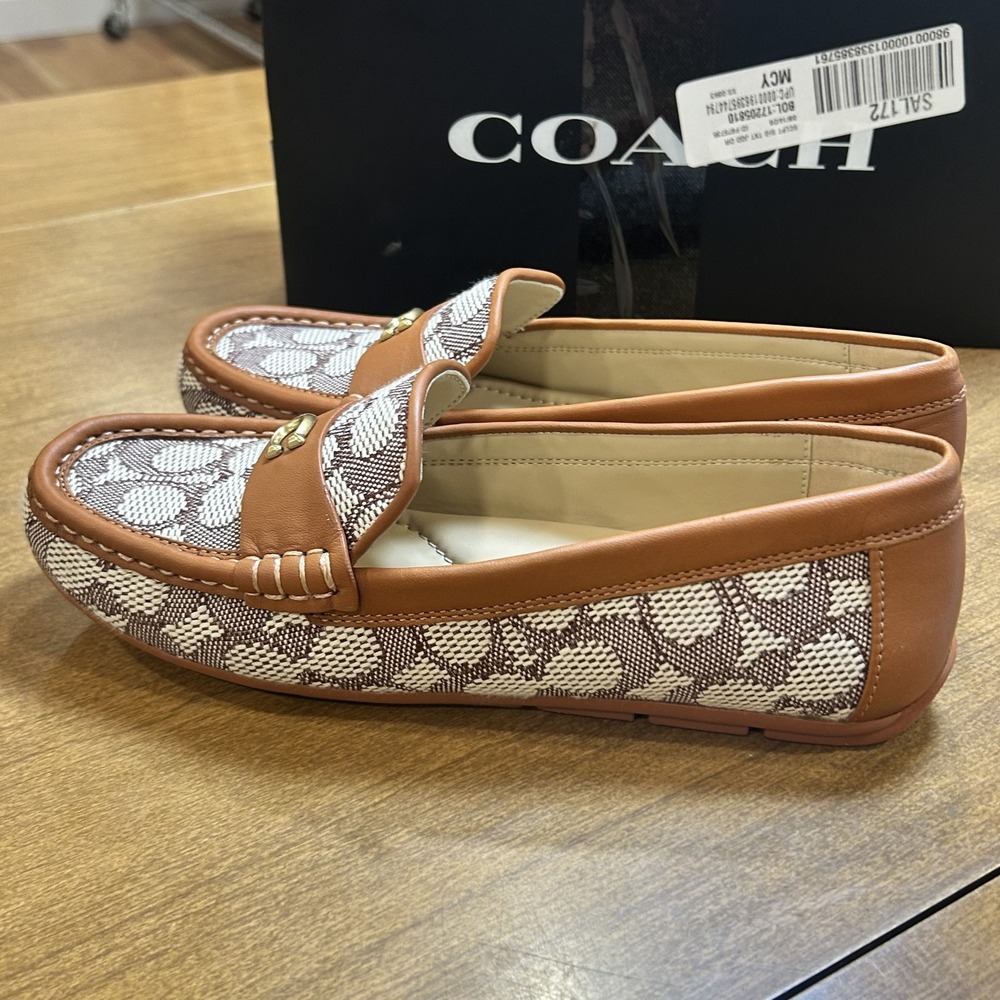 Coach SCLPT SIG TXT JQD DR Shoes Womens Size 7 Brown Logo Loafer Flats Jacquard - Picture 3 of 11